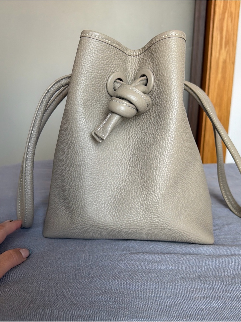 Vasic Bond Mini Minimal Leather Drawstring Bucket Bag in Light Gray